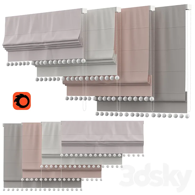 Roman Curtains 136 | Rh Baby & child | POM-POM LINEN-COTTON ROMAN SHADE 3ds Max
