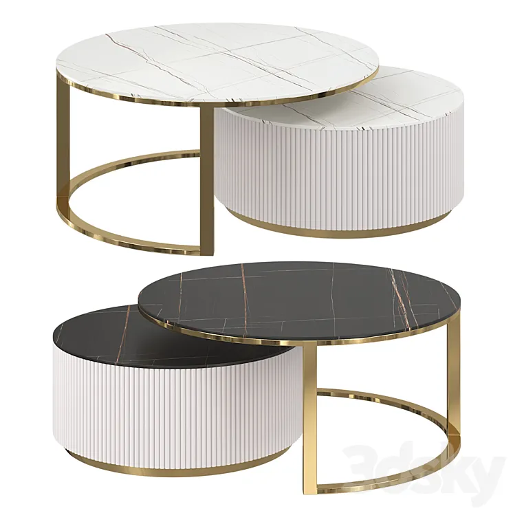 Round modern coffee table with fluted stone top and drawer white with gold 3DS Max