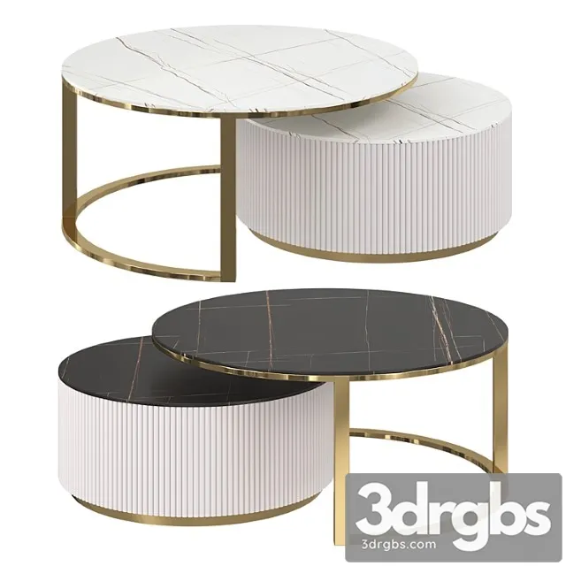 Round modern coffee table with fluted stone top and drawer, white with gold