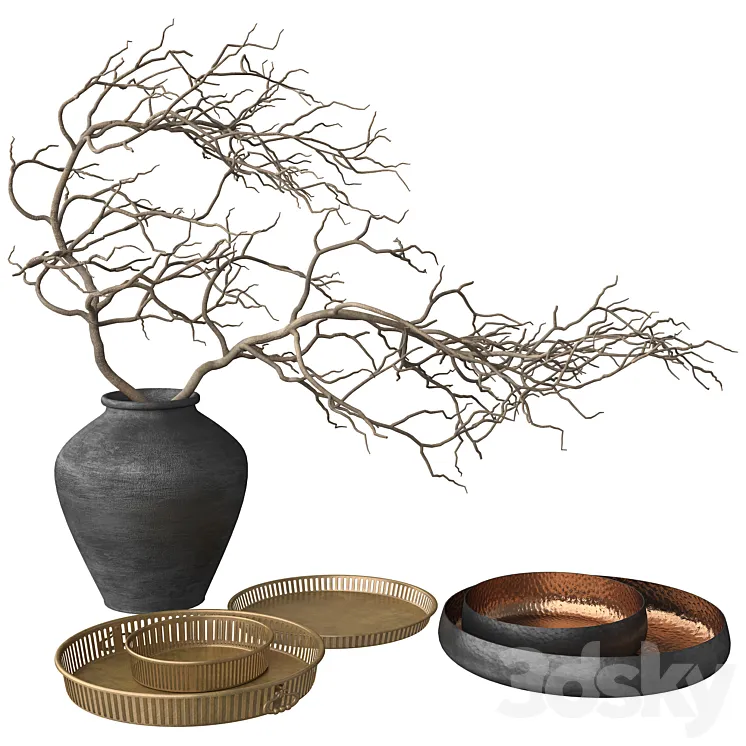 Rustic Set – Vase Branch Copper Bowl and Brass Tray 3DS Max