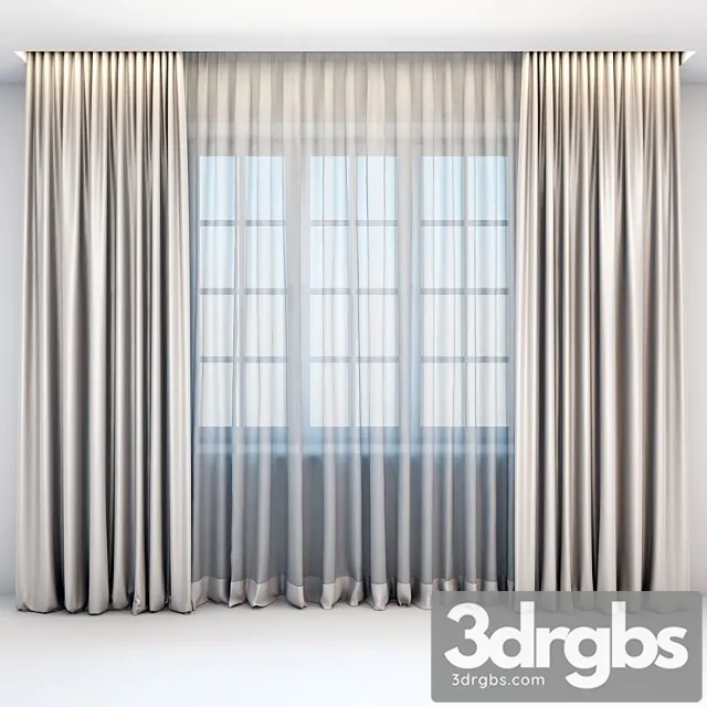 Satin straight beige curtains in the floor and tulle in a modern style 3dsmax Download
