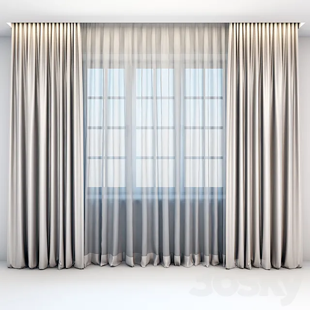 Satin straight beige curtains in the floor and tulle in a modern style 3DSMax File