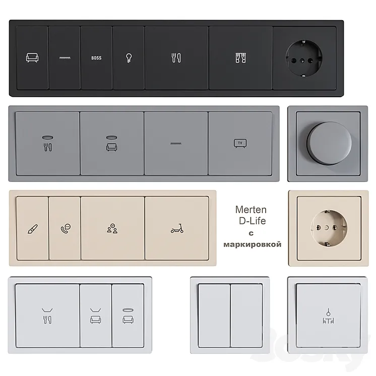 Schneider Electric sockets and switches with markings 3DS Max