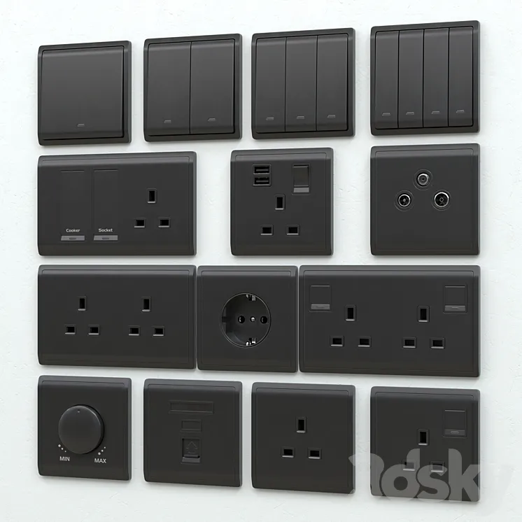 Schneider pieno switches & sockets matte black 3DS Max