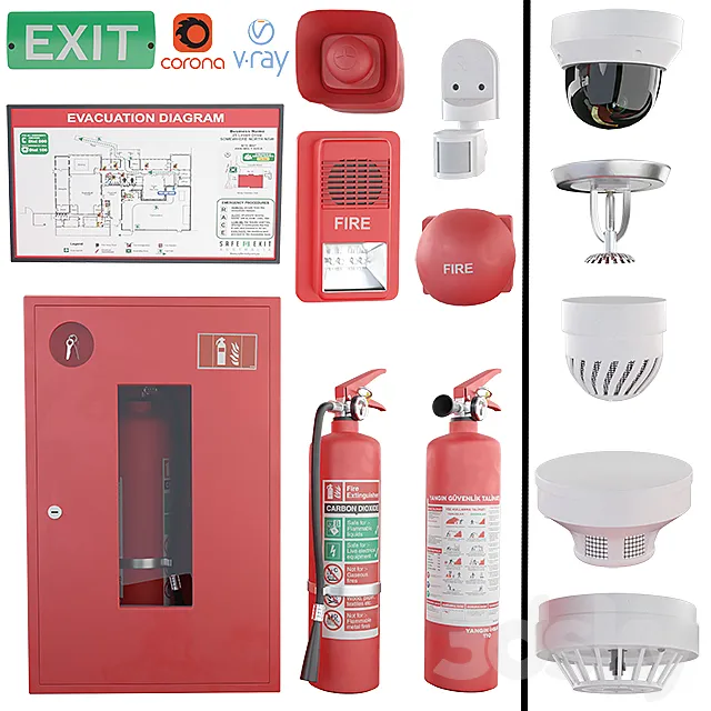 Security and fire alarms Fire extinguishers and sensors 3DS Max Model