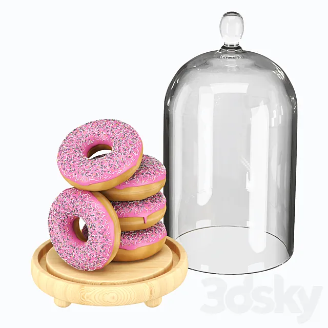 Serving dish with glass lid and donuts 3DS Max Model