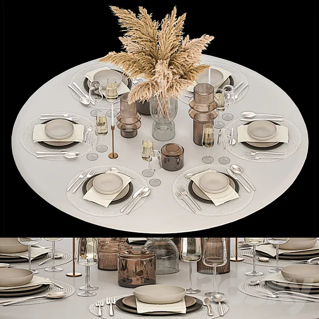 Serving for a round table for 6 people with a bouquet of dried flowers Pampas grass vase glass 32. 3ds Max