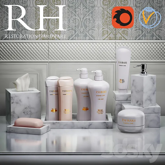 Set for Restoration Hardware bathroom with shampoos and plates 3DSMax File
