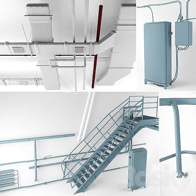 Set for the loft (ventilation. wires. stairs. heating) 3DSMax File