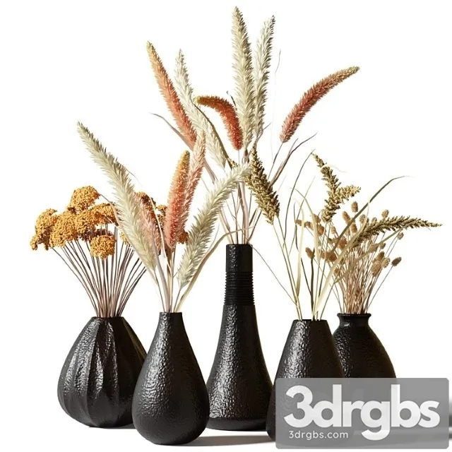 Set of Bouquets of Dried Flowers in Black Clay Vases 3dsmax Download