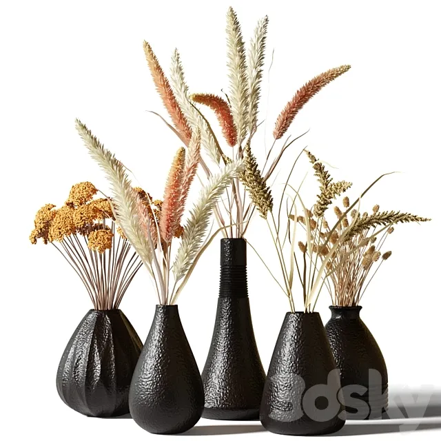 Set of bouquets of dried flowers in black clay vases 3ds Max