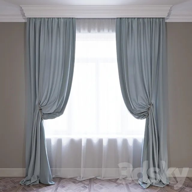 Set of curtains (curtains with pickings and tulle) 02. 3ds Max