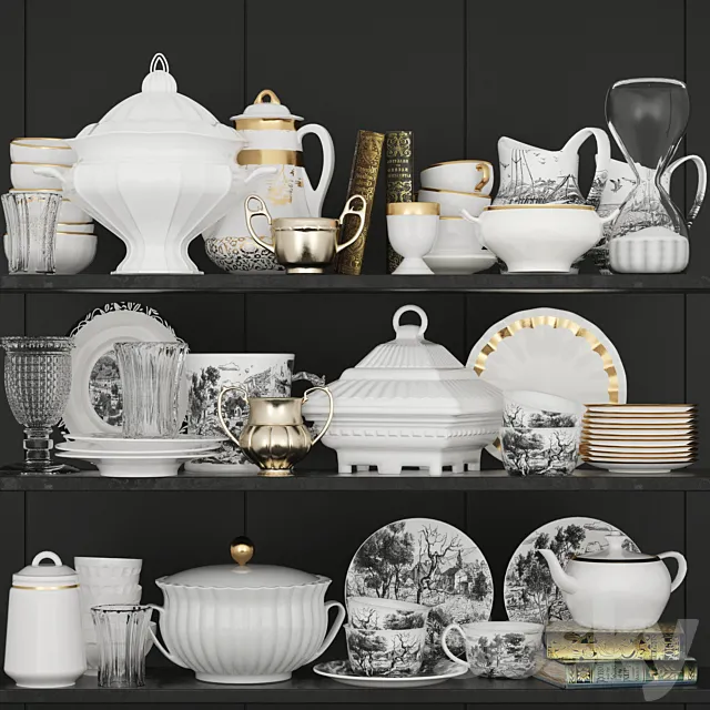 Set of dishes for the kitchen with porcelain and gold 2 3DS Max Model