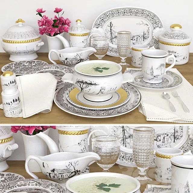 Set of dishes. Table setting 3ds Max