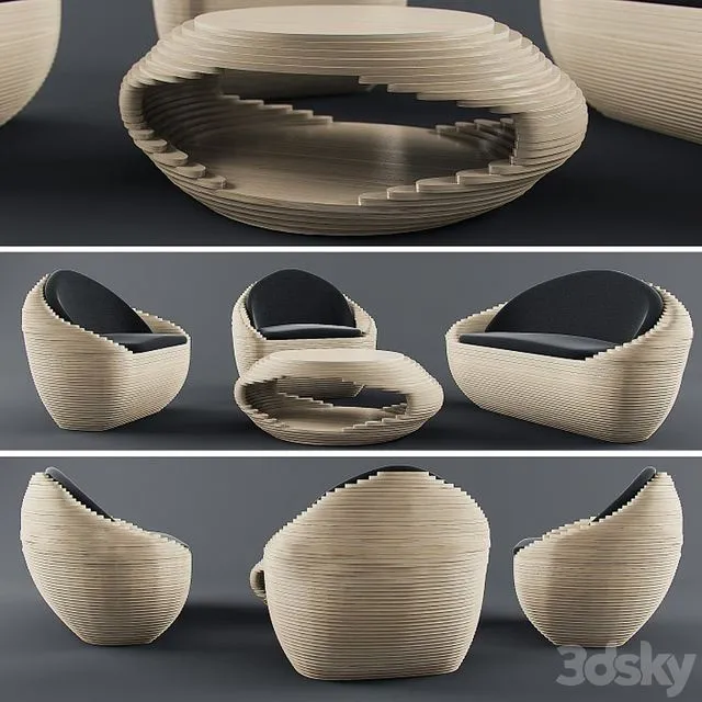 Set of furniture table chair wood fabric coffee armchair 3dsMax Model