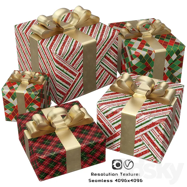 Set of New Year’s holiday gift boxes in wrapping paper with a bow and ribbon 3dsMax Model