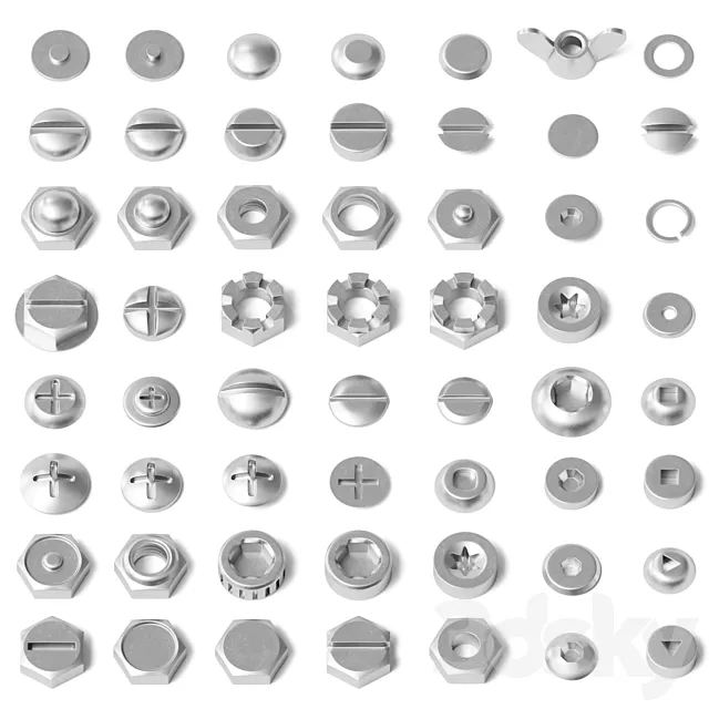 Set of nuts bolts washers 3DS Max Model