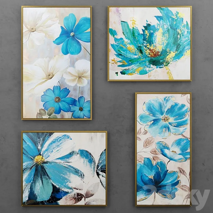 Set of paintings with blue flowers 3DS Max