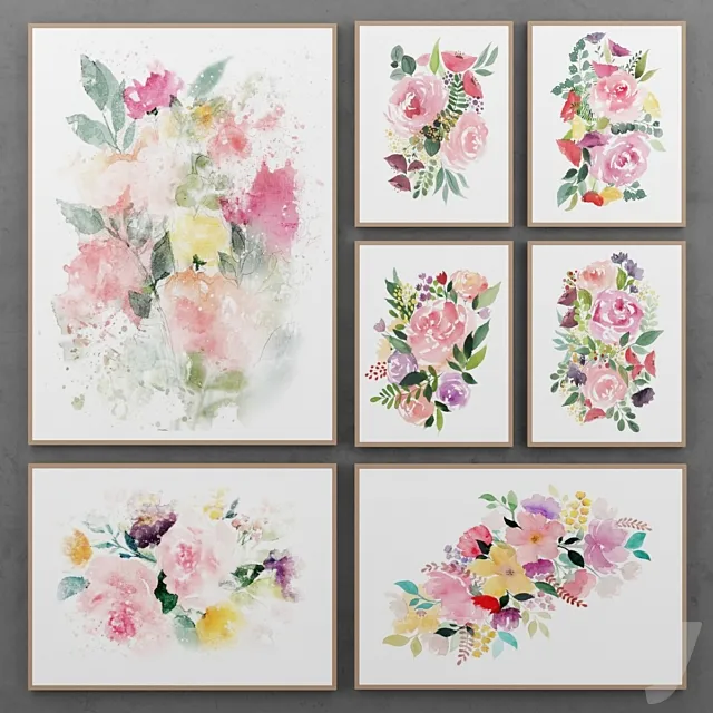 Set of paintings with watercolor flowers 3DS Max Model