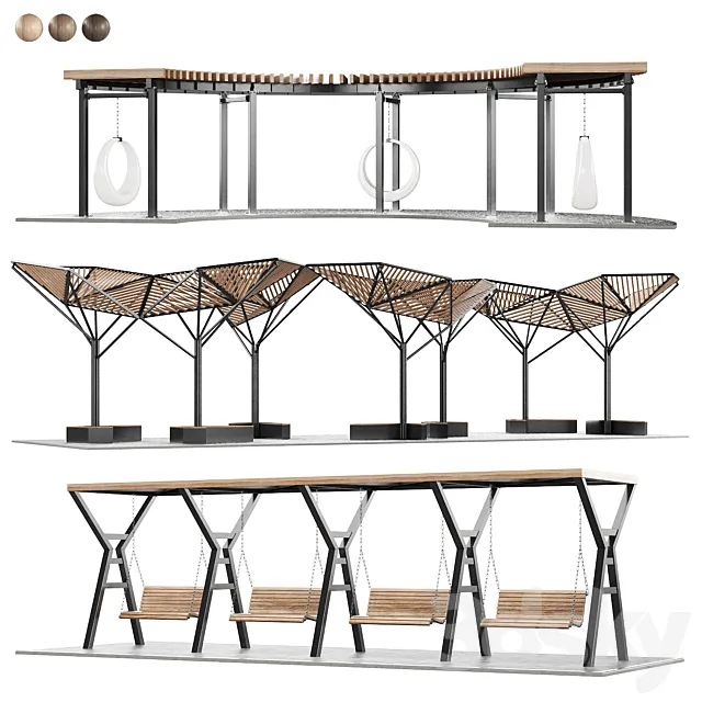 Set of pergolas (gazebos canopies) with swings benches 3 3dsMax Model