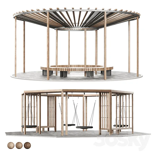 Set of pergolas (gazebos canopies) with swings benches 3ds Max