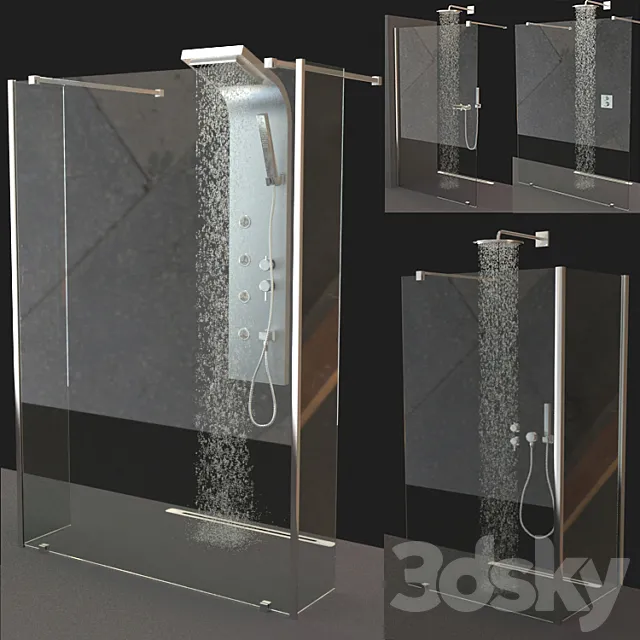 Set of shower cabins Ravak Walk-In + Mixers 3DS Max Model