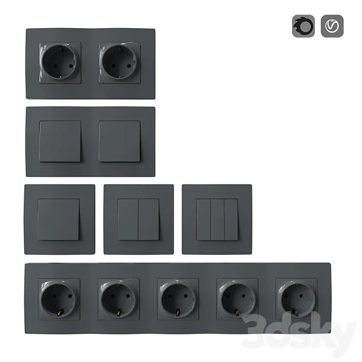 Set of sockets and switches gray 3DS Max