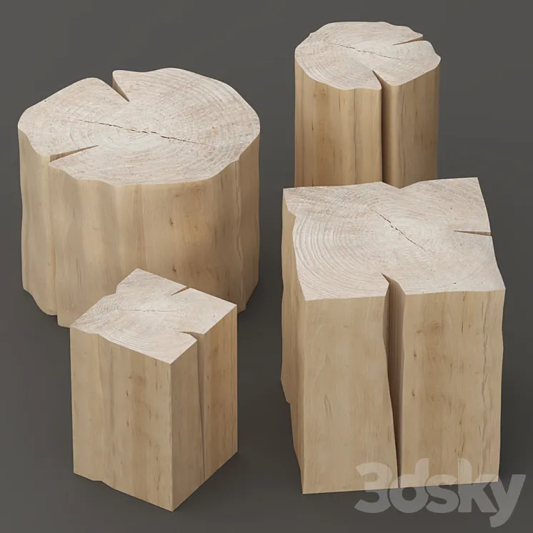 Set of tables from stumps. 3DS Max