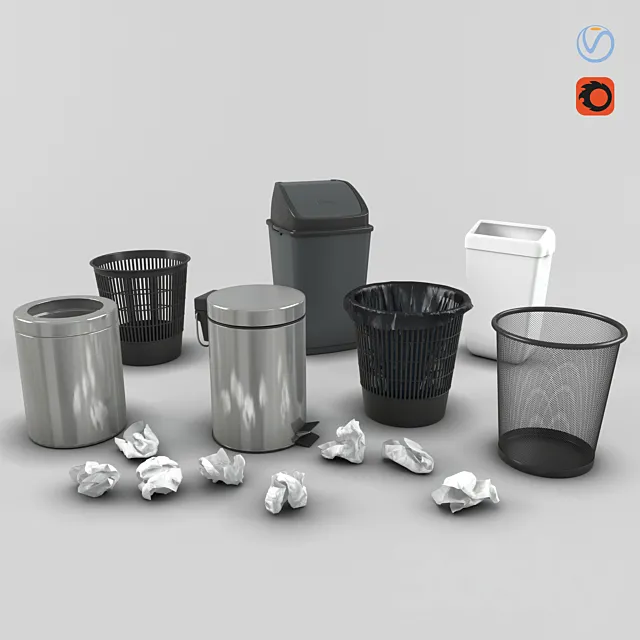 Set of trash cans and crumpled paper 3DS Max Model