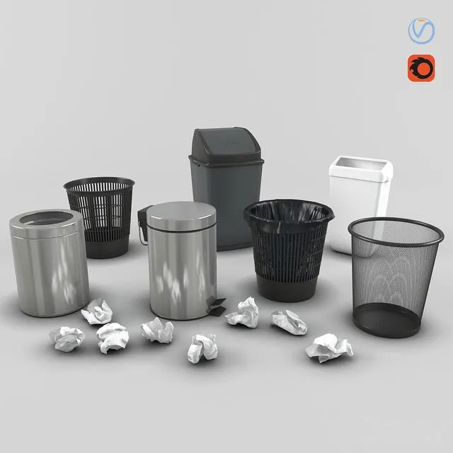 Set of trash cans and crumpled paper 3dsMax Model
