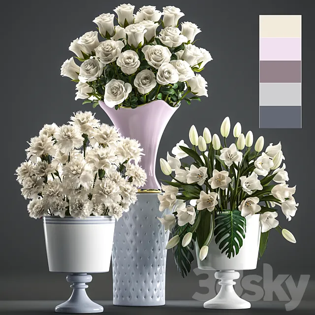 Set of white flowers 58. White bouquets pot flowerpot white tulips white roses carnation vase 3DS Max Model