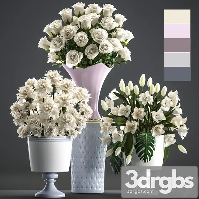Set of white flowers 58. white bouquets, pot, flowerpot, white tulips, white roses, carnation, vase