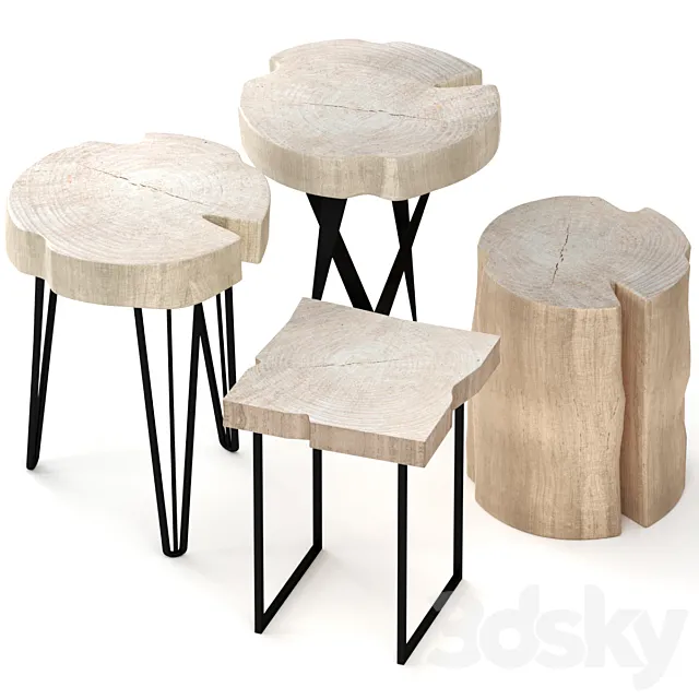 Set of wooden tables made of slab and stump 3ds Max