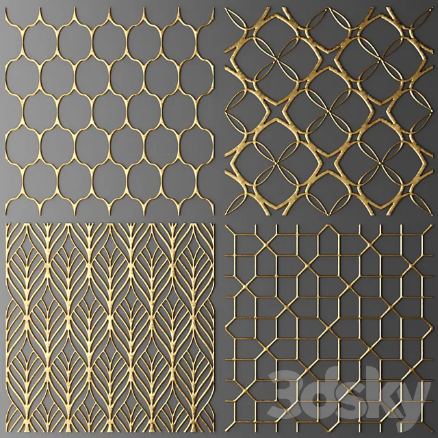Set. The panel. grille. Panel. grille. Lattice. panel. pattern. art. abstraction. decorative. interior. wall decor. gold. luxury 3DSMax File