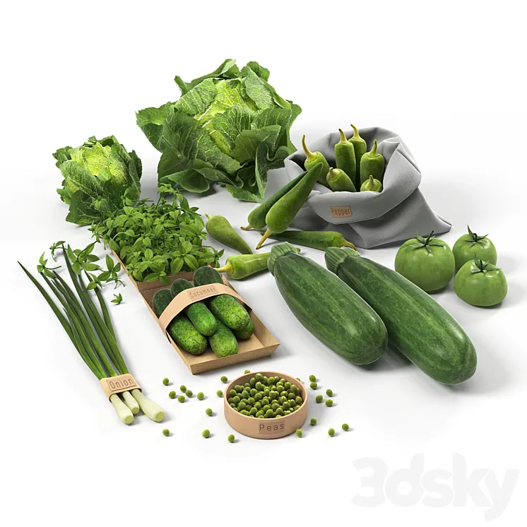 Set with green vegetables: cabbage cucumbers peppers zucchini onions tomatoes peas 3DS Max