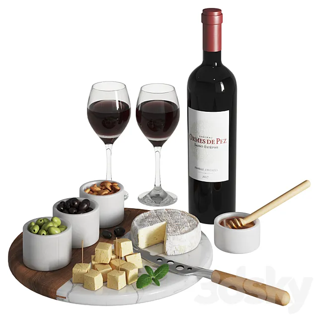 Set with red wine and snacks 3dsMax Model