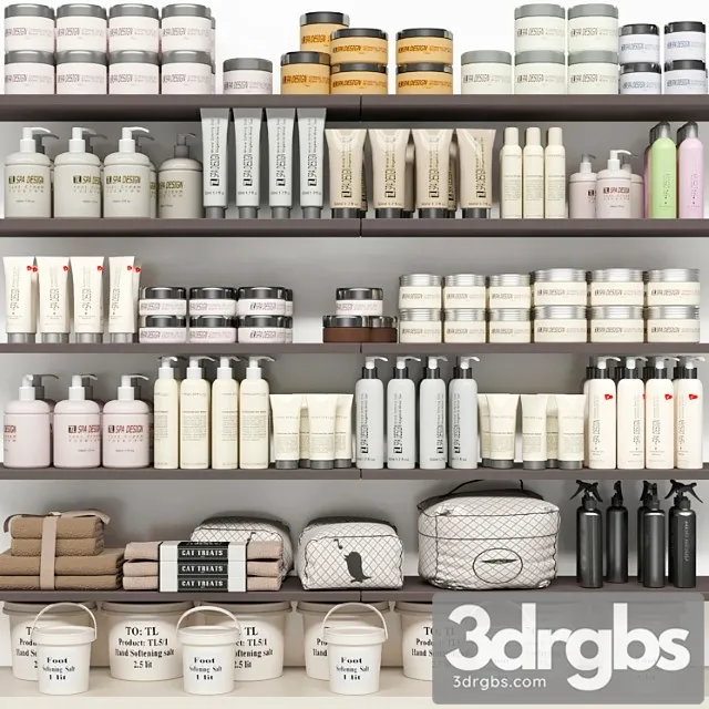 Shelf with a collection of cosmetics. beauty saloon and bathroom accessories 3dsmax Download