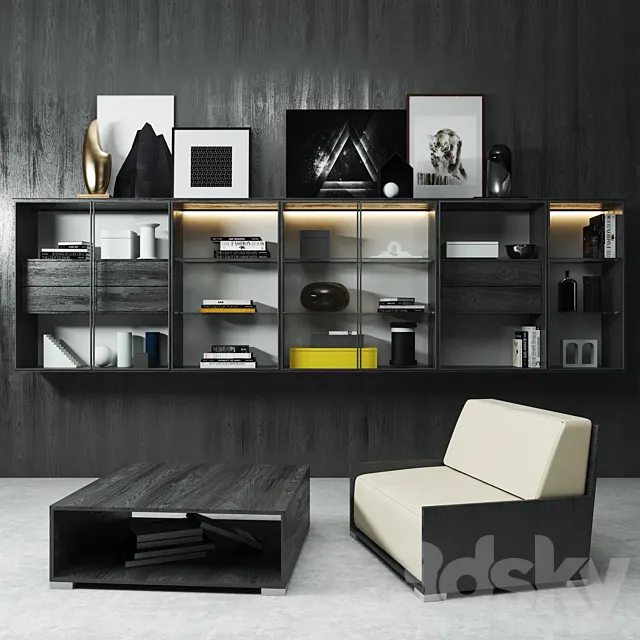 Shelf with books. decor and an armchair 3DSMax File