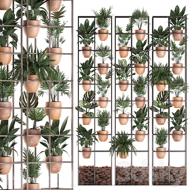 Shelf with flowers in clay pots vertical garden with fern palm monstera ficus shelving. Set of 30. 3DS Max Model