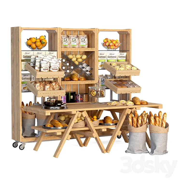 Showcase at the market with products pastries and dry breakfasts 3DS Max