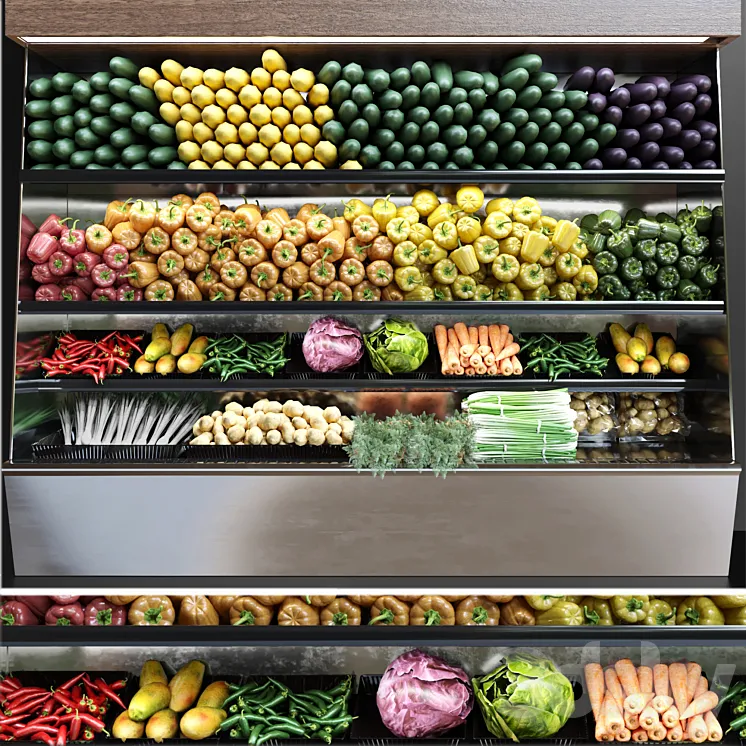 Showcase in a supermarket with fresh fruits and vegetables. Food 3DS Max