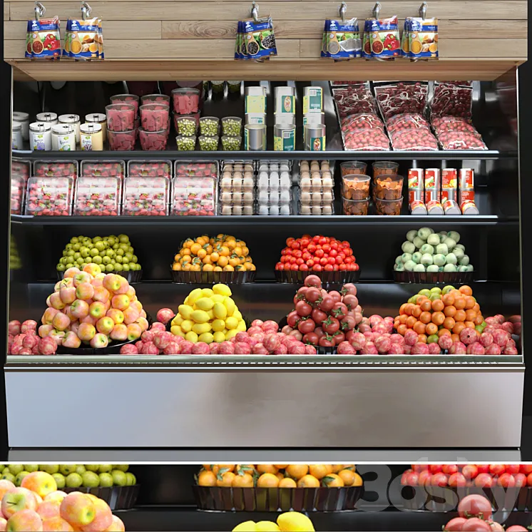 Showcase in a supermarket with fruits and vegetables. Fruits and vegetables 3DS Max