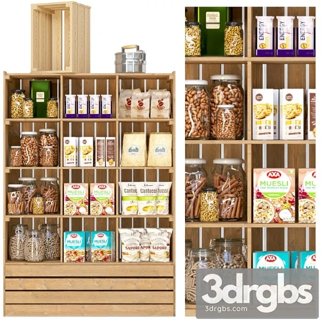 Showcase in a supermarket with nuts, cereals and dry breakfasts