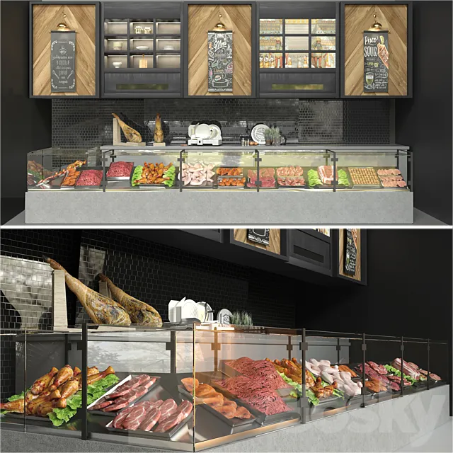 Showcase in a supermarket with semi-finished products and meat. Food 3DS Max Model