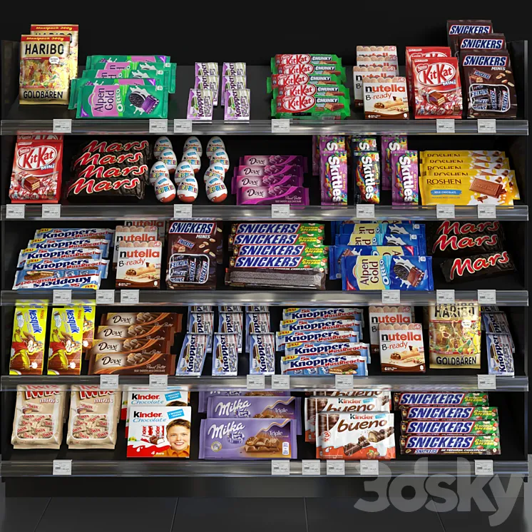 Showcase in a supermarket with sweets chocolate and other sweets 3DS Max