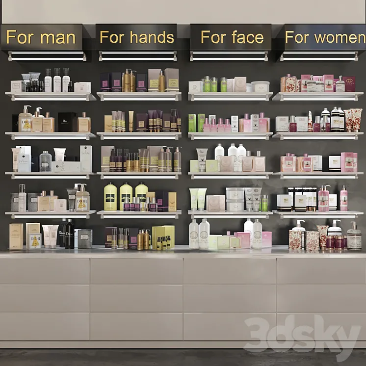Showcase in pharmacies cosmetics for care. Beauty saloon 3DS Max