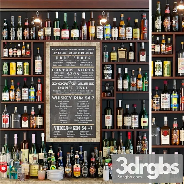 Showcase in the bar with a collection of strong alcohol and cocktails. alcohol 3dsmax Download