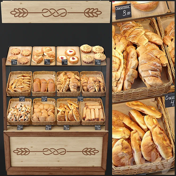 Showcase with pastries for shop and cafe. Bread 3DS Max