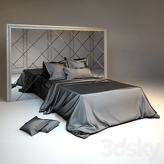 Silk bedding and headboard with mirror tiles in a silver frame 3DSMax File