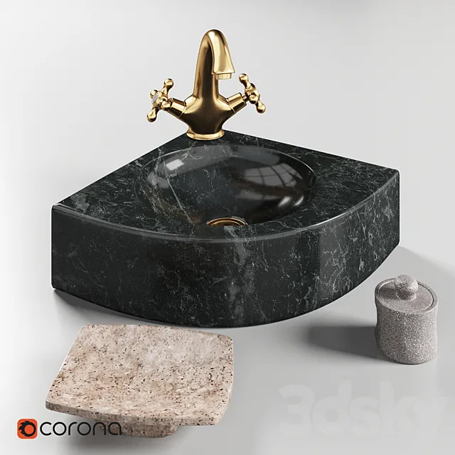 Sink made of natural stone Quarter Black Teak House and mixer Lemark LM2806B 3DSMax File